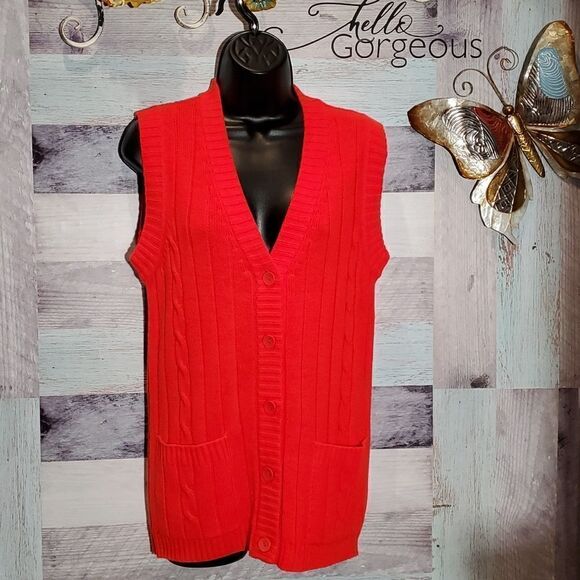 LeRoy Knitwear Sweaters - LeRoy Knitwear Vintage Tomato Red Sleeveless Cable Knit Cardigan Granny 623